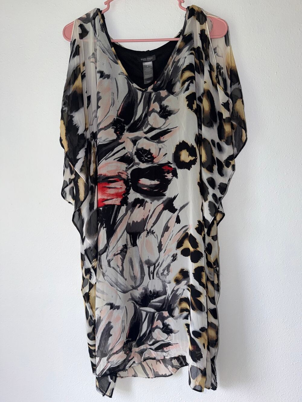 Bisou Bisou Animal Print White Black Flowy Chiffon Sheath Dress Scoop Neck Sz 8